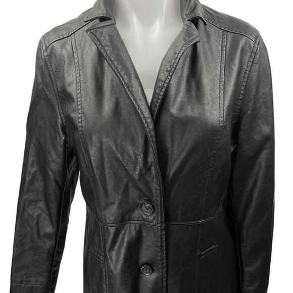 Urban Outfitters Black Faux Vegan Leather  Button Up Long Coat Rain Jacket Sz S - Picture 3 of 5